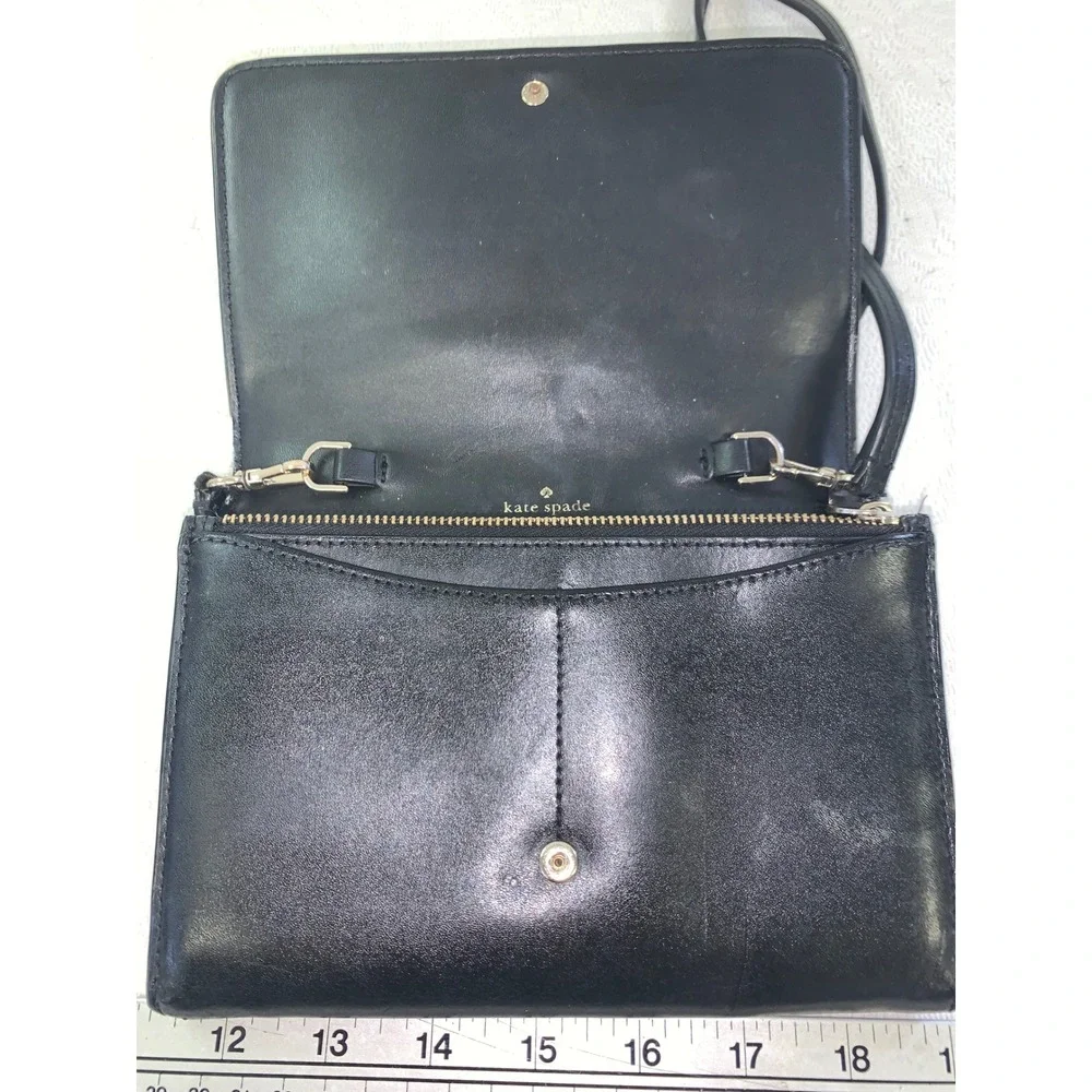 Kate Spade New York Black Leather Kerri Crossbody Wallet Clutch Bag Gold Logo